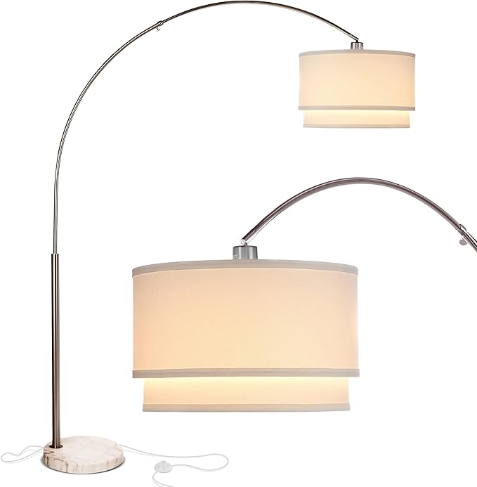 Brightech Mason Arc Floor Lamp - Modern Corner Standing Lamp with Unique Hanging Drum Lamp Shade for Living Room - Bright Overhead, Curved Hanging Light for Bedroom. Library, Den - Nickel