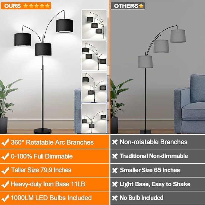 Dimmable Floor Lamp - 3 Lights Arc Floor Lamps for Living Room, 1000LM Modern Tall Standing Lamp With Black Shades & Heavy Base, Mid Century Tree Floor Lamp for Bedroom Office, 3 LED Bulbs Included