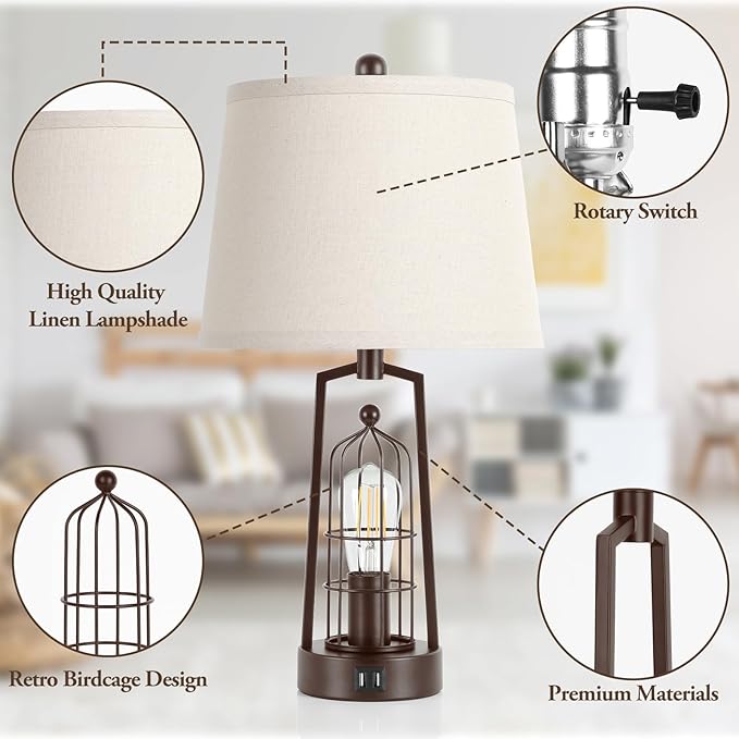 Farmhouse Table Lamps with 2 USB Ports, Set of 2 Rustic Industrial Desk Lamp for Living Room, 2-Light with Beige Lampshade for Bedside, Bedroom, Nightstand, House Decor, Reading(Bronze)