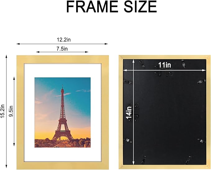 11x14 Picture Frame Set of 4, High Definition Real Glass, Display Pictures 8x10 with Mat or 11x14 Without Mat, Gallery Wall Hanging Photo Frames, Gold