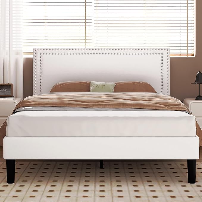 VECELO Queen Size Bed Frame with Adjustable Upholstered Headboard, Wooden Slats Platform, Noise-Free Design, Easy Assembly