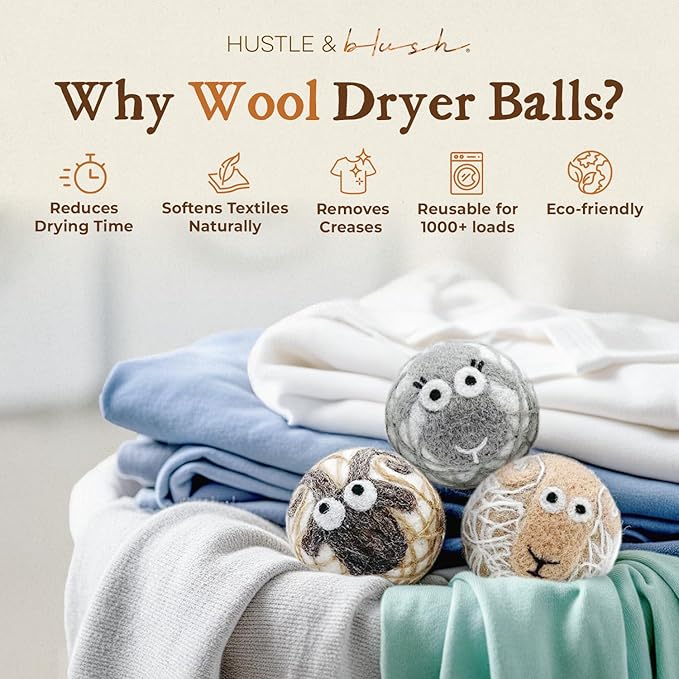 Fluff Ewes Wool Dryer Balls 3 Pack Premium New Zealand Wool Laundry Balls for Dryer, No Static Dryer Balls Laundry Reusable Cute - XL Wool Dryer Balls Cute, Baby Dryer Balls for Dryers - Lights