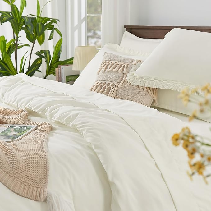 Andency Ivory King Size Comforter Set with Sheets - 7 Pieces Boho Tassel Bed in a Bag Soft Lightweight Bedding Sets, Ivory Fringe Bed Set with Comforter, Sheets, Pillowcases & Shams