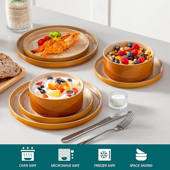 vancasso ONION Ceramic Plates and Bowls Sets, 12 Pieces Brown Dinnerware Sets for Kitchen, Reactive Glaze Dishes Set for 4, Dishwasher and Microwave Safe