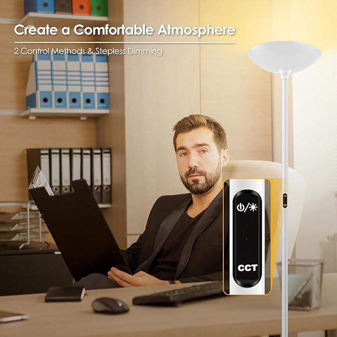 Stepless Dimmable Floor Lamp,30W 3000LM Super Bright LED Torchiere Floor Lamps with Remote & Touch Control,71 in Tall Modern Standing Lamp for Living Room Bedroom Office,2700k-6500k,White