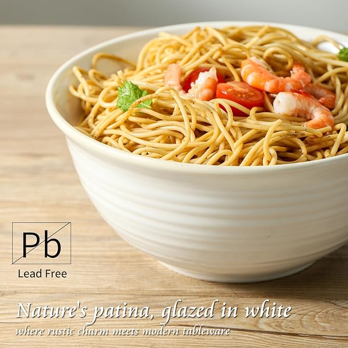 Hasense Serving Bowls, 9 Inch Ceramic Salad Bowls for Kitchen, 84 Ounce Mixing Bowl for Soup Pho Pasta Popcorn, Dishwasher & Microwave Safe, Set of 2(Clay-Infused White)