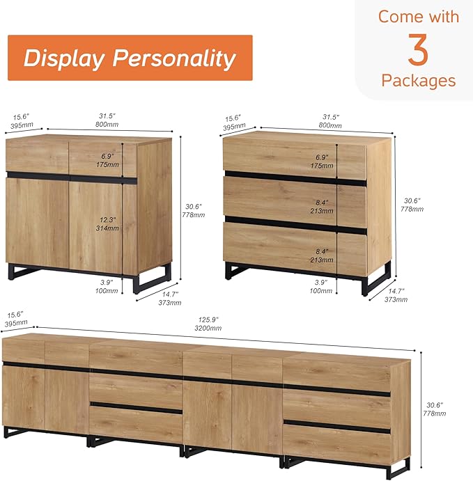 WAMPAT Modern TV Stand for TVs up to 120 Inches, 4-in-1 Media Console with Adjustable Shelves and 6 Drawers, TV Cabinet for Living Room or Bedroom, Oak