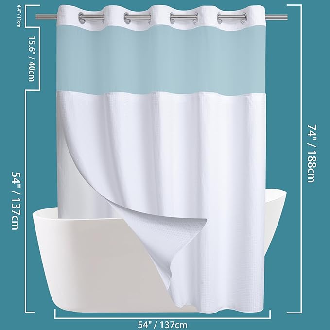 Conbo Mio Stall No Hook Waffle Weave Shower Curtain with Snap in Liner Set, Hotel Luxury White Shower Curtains for Bathroom with See Through Top Window, Waterproof, Washable 54W x 74H