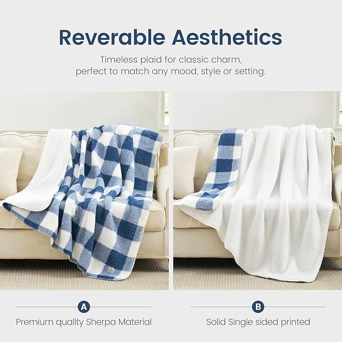 Cozy Bliss Ultra Soft Reversible Double Sherpa Sided Blanket, Buffalo Plaid Throw Blanket Fluffy Thick Warm Plush Fuzzy Blanket for Couch, Bed and Gifts (Navy Blue, 50" x 60")