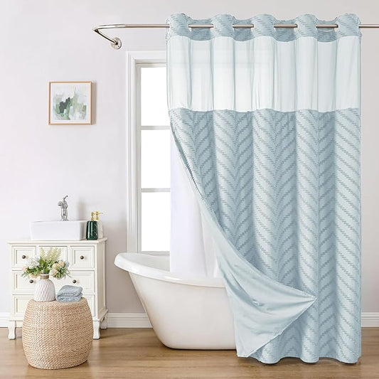 No Hook Boho Farmhouse Shower Curtain with Snap-in Fabric Liner set-71Wx74H(72H),Tufted Chevron Striped Hotel Grade Cloth Shower Curtains for Bathroom with Window,Water Repellent,Fog Blue