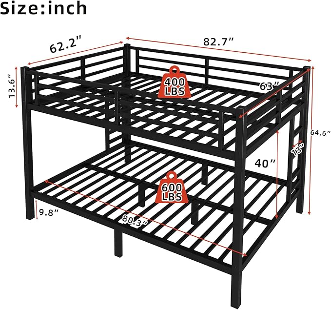 Queen Over Queen Bunk Bed Frame, Heavy Duty Metal Loft Bed for Adults/Teens, 400/600LB Capacity w/Ladder & Guardrail, Noise-Free Steel Slats, No Box Spring Required, Black