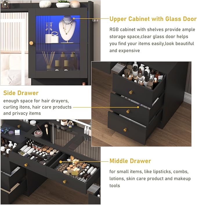 62" Large Black Vanitys Desk w/ Tempered Glass Top,60000-color LED Lights,Power Outlet, Make up Vanity w/ 3 Lights Mode LED Mirror,9 Drawers,2 RGB Cabinet LED Vanity Table for Women,Girls