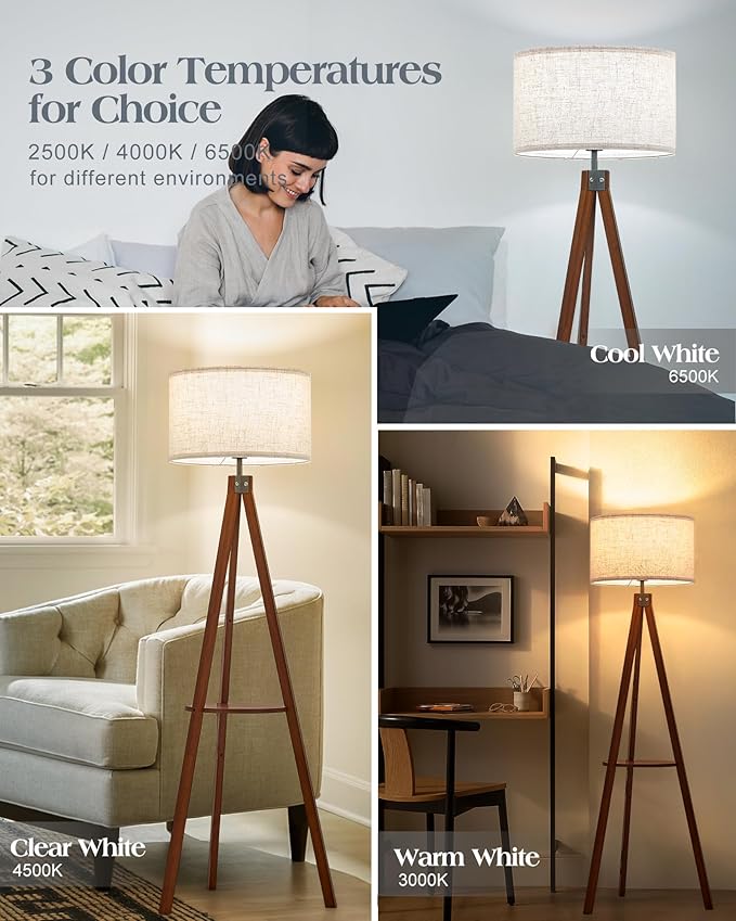 ELYONA Tripod Floor Lamp with Shelves, 3 Color Temperatures LED Modern Wood Table Reading Standing Light, Wooden Shelf Floor Lamp for Farmhouse Living Room Bedroom Office Nature Linen Shade,Brown