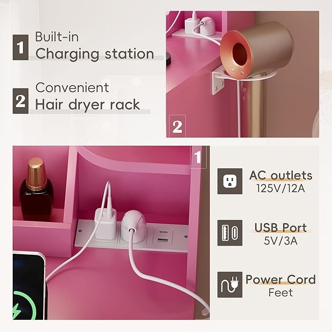 YESHOMY Vanity Desk with Large Lighted Mirror, Power Outlet and 11 Lights, Makeup Table with 7 Drawers and 3 Desktup Storage Units, 3 Color Modes Available for Bedroom, Pink