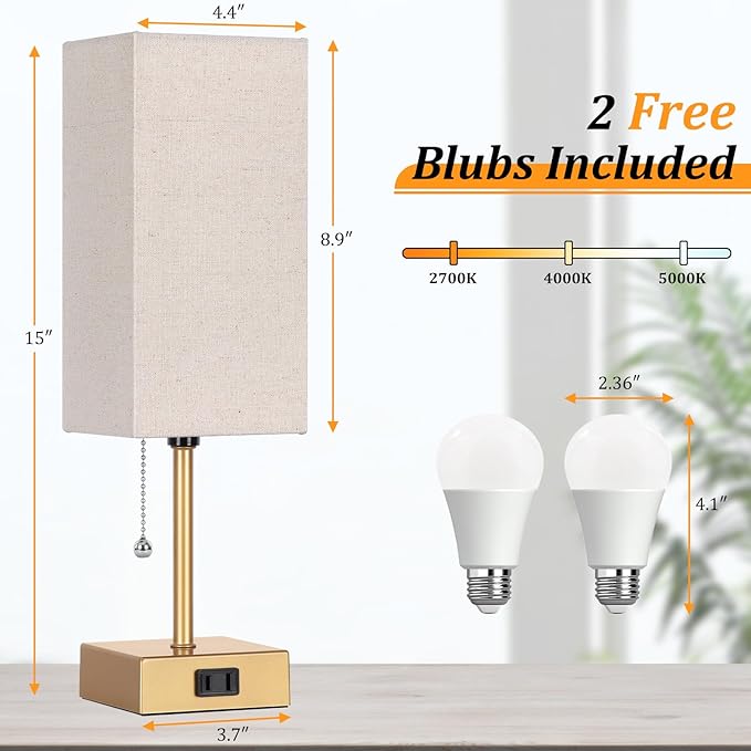 Table Lamp for Bedroom set of 2,3-Color Bedside Lamps with Pull Chain Table Lamps for Nightstand with AC Outlets,Small Night Light Lamps with 2 Bulbs Lamps for Living Room Kids Room Office Decor（Gold）