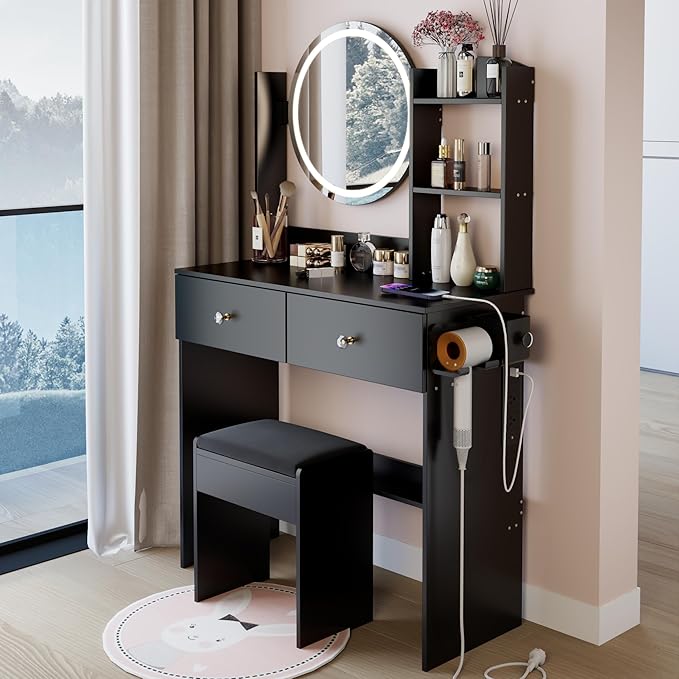 31.5" Small Vanity Desk with Round Mirror and Lights, Makeup Table with 2 AC+2 USB Power Station, Hair Dryer Bracket, Vanity Set with Drawers and Stool for Small Space Bedroom, Black