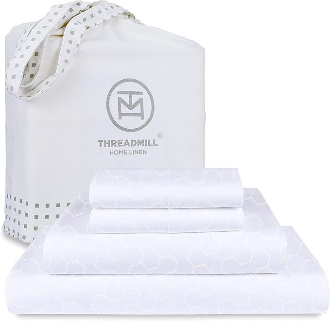 Threadmill 500 Thread Count Queen Size Sheets 4 Pc Luxury Cotton Bedding Set, Jacquard Floria Hotel White, Silky Smooth Sheets with 16" Elasticized Deep Pocket, 2 Pillowcases & Free Tote Bag