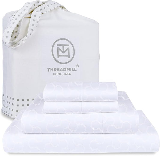 Threadmill 500 Thread Count King Size 4 Pc Luxury Cotton Bed Sheet Set, Jacquard Floria Hotel White, Silky Soft Sheets with 16" Elasticized Deep Pocket, 2 Pillowcases & Free Tote Bag