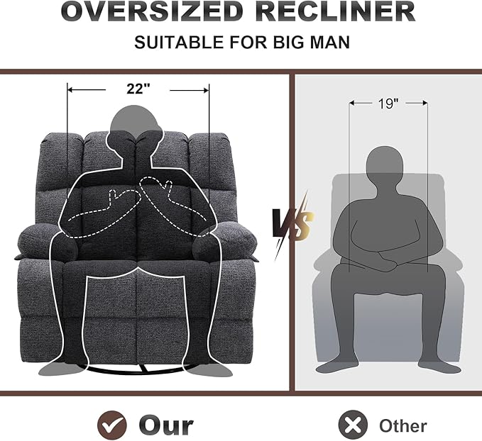 Oversized Swivel Rocker Recliner Chair Set of 2 for Adult, Rock Recliner for Big Man, Extra Wide Manual Recliners, Overstuffed Soft Rocking Sofa Chair,Light Grey