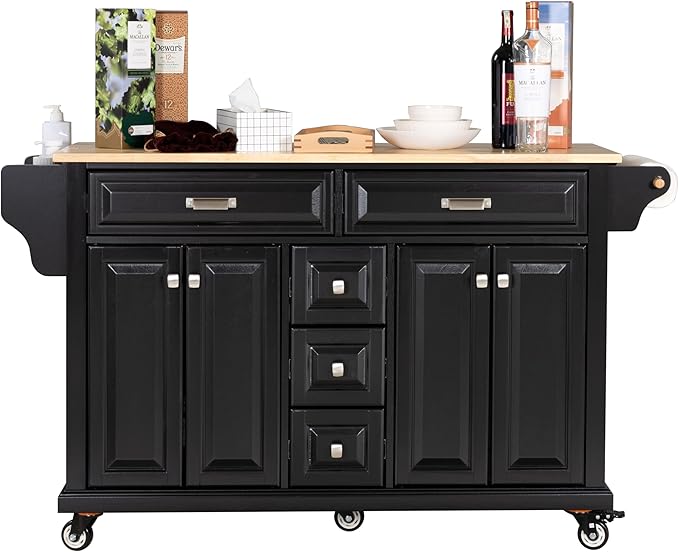 Generic 60.5"" Kitchen Island on Wheels, Rolling Island Table for Kitchen with Double Storage Cabinet and 5 Drawers, Portable Kitchen Cart with Rubber Wood Top, Black, Large