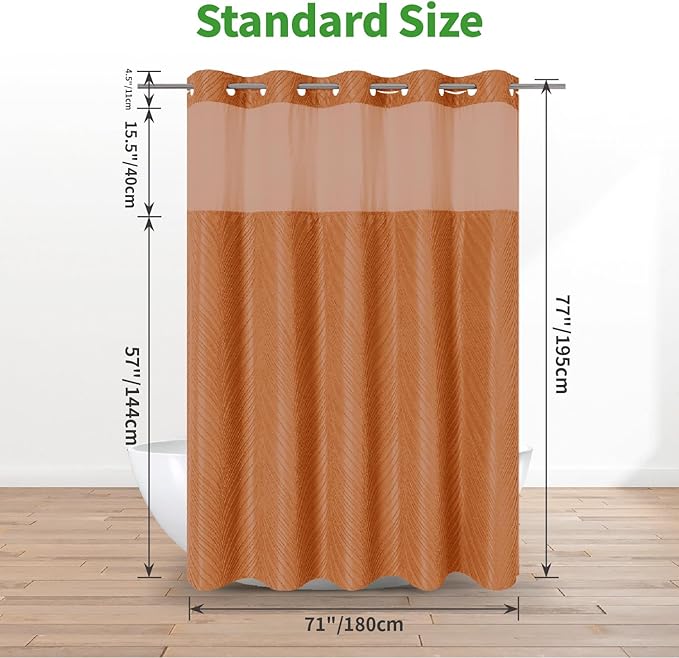 no Hook Shower Curtain and Liner Set，Boho Style with See Through Top Window, BurntOrange Fabric Tufted Striped Textured Outer Curtain & Waterproof Inner Liner, Orange, 71Wx77H