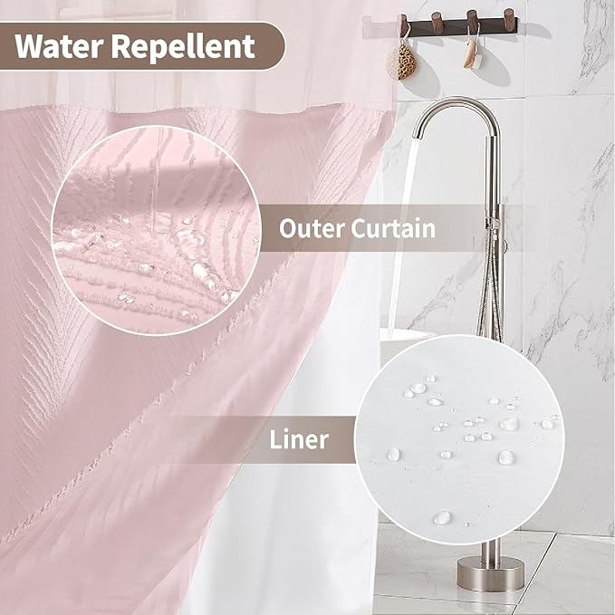 no Hook Shower Curtain and Liner Set，Boho Style with See Through Top Window, Pink Fabric Tufted Striped Textured Outer Curtain & Waterproof Inner Liner, Pink, 71Wx80H
