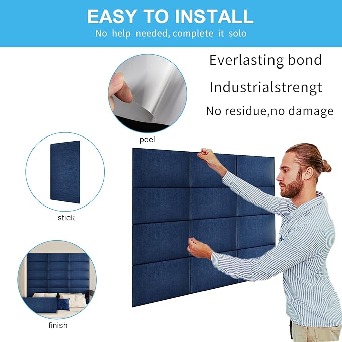 Peel and Stick Upholstered Headboard, 3D Soundproof Padded Wall Panels for Queen Size, Soft Tufted Bed Headboard, Reusable and Removable Bed in Blue (9 Panels, 10" x 24")