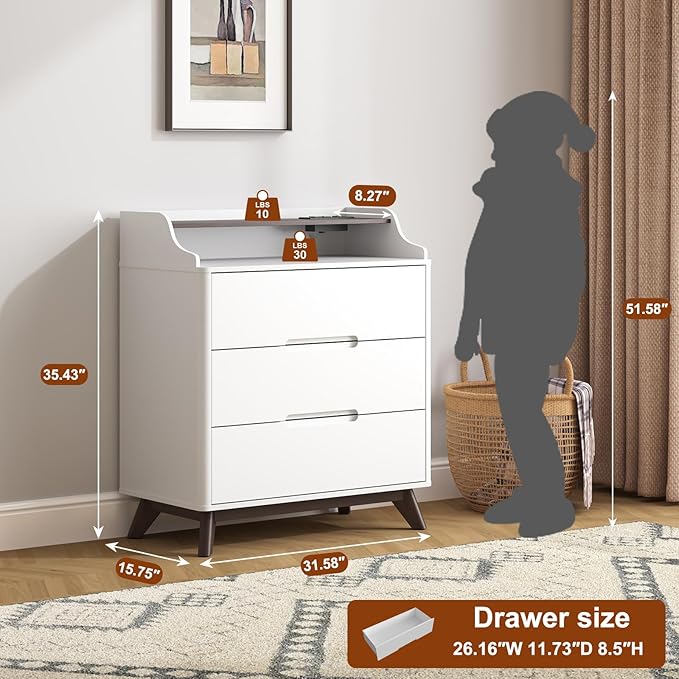 3 Drawer Dressers for Bedroom, 32" Large Wood Storage Dresser & Chest of Drawers with Charging Station, Wide Modern Dressers with 3 Drawer Storage Organizer for Bedroom Living Room Closet, White
