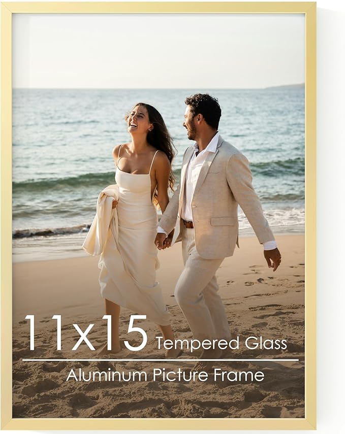 11x15 Metal Picture Frame - Gold Aluminum Picture Frames with Real Glass, Wall Mounting Horizontally or Vertically, Simple and Elegant Decor for Wall Gallery Poster Photo 15x11 Frame, Gold