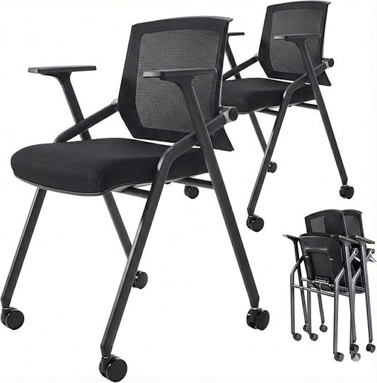 16 Pack Stackable Conference Room Chairs with Paddle Folding Office Chair Foldable Desk Chair Mesh Back and Arms for Conference Meeting Guest Reception Home Office Training Room Chair Black