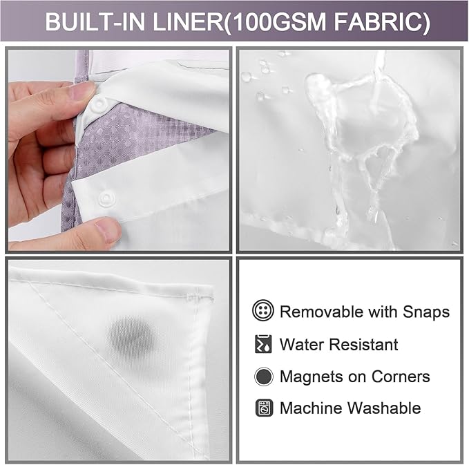 YellyHommy No Hook Shower Curtain with Snap in Liner Set Less Time Waffle Shower Curtain for Bathroom (Lavender, 87" L x 72" W)