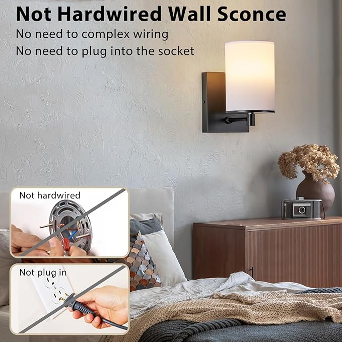 TERLEENART Battery Operated Wall Sconce Set of Two,13 RGB Colors Dimmable Rechargeable Wall Sconces with Remote Control,Wall Lights with Cylinder White Fabric Shade for Bedroom Living Room