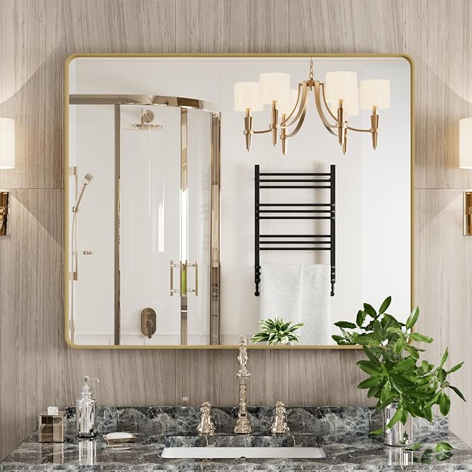 Gold Bathroom Mirror, 30x36 Inch Brushed Gold Metal Frame Mirror for Wall, Rounded Rectangle Bathroom Vanity Mirror, Tempered Glass, Anti-Rust, Horizontal/Vertical