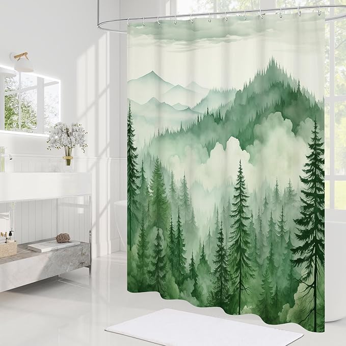 Green Misty Pine Forest Shower Curtain, Mountain Foggy Woodland Scenery Tree Shower Curtains for Chic Rustic Bathroom, Abstract Modern Waterproof Nature-Themed Decor, 72x72 Inches