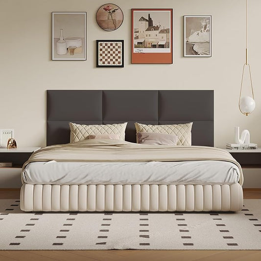 Gray Stick-On Wall Mounted Headboard - 6-Piece Modular Padded Bed Backboard for Queen and King Size Beds, 24 x 12 Inches Each, Easy-to-Install Sound-Proofing Upholstered Bed Headboard