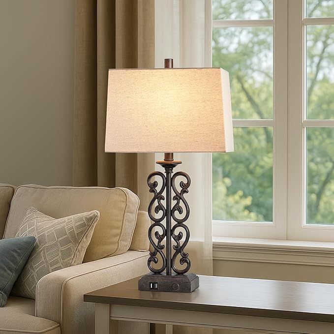 25" Set of 2 Touch Modern Resin Table Lamps for Living Room with Dual USB Ports, 3-Way Dimmable Rustic Bedside Lamps, Farmhouse Nightstand Lamp for Bedroom Office Decor, 2 Bulbs Included