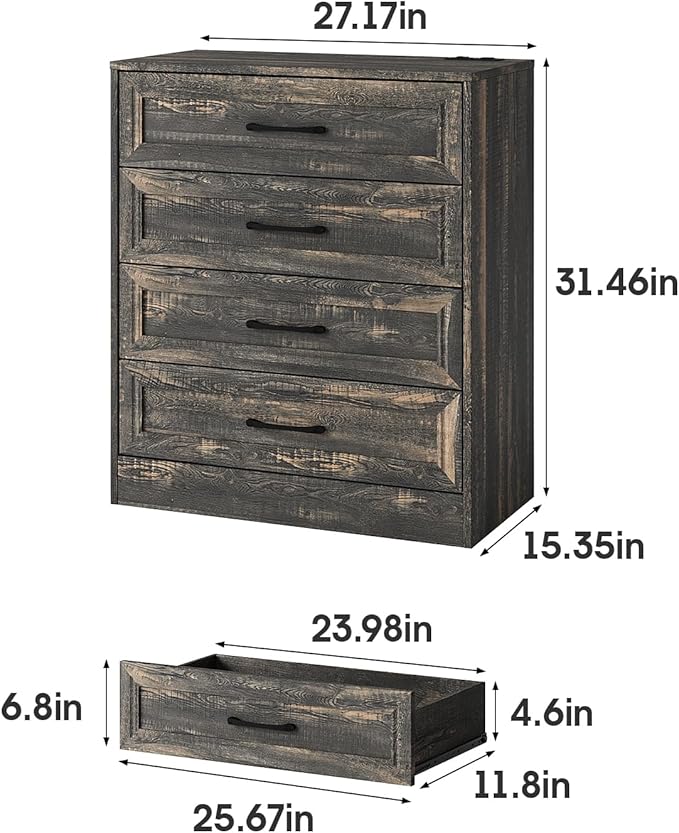 Fameill Dresser for Bedroom, 4 Drawer Small Dresser Organizer with Charging Station for Livingroom, Chest of Drawers with Metal Handles, Dark Brown