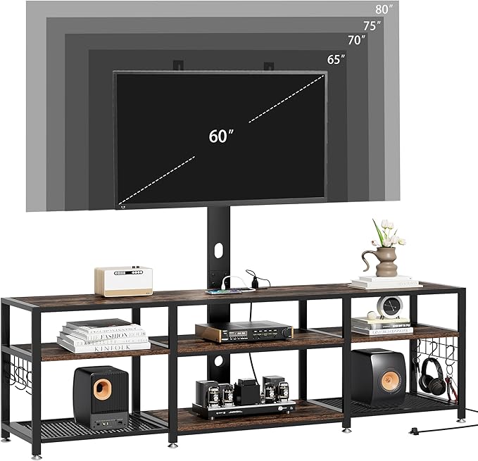 VECELO TV Stand with Mount and Power Outlet, Height Adjustable Entertainment Center with Storage Shelves for 55/65/70/75/80 inches Televisions, Console Table for Living Room, Bedroom, Rustic Brown