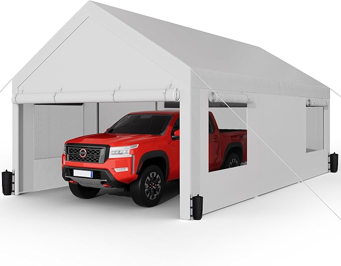 Shintenchi Carport 12' x 20' Heavy Duty Portable Garage, Car Port Canopy with Side-Opening Removable Door & Roll-Up Windows, Car Canopy for Truck,Car,Boat,Motorcycle,White