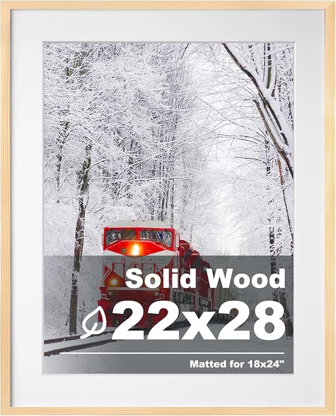Egofine 22x28 Solid Wood Picture Frame, Made of Solid Wood Covered by Plexiglass 18x24 with Mat 22x28 without Mat, Poster Frame for Wall Mounting Hanging Photo Vertically or Horizontally, Natural Wood