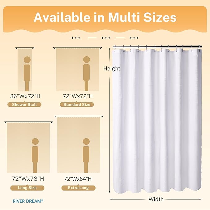 River Dream 3 in 1 Waffle Shower Curtain Set, White Fabric Shower Curtain and Clear Liner Set, with Double Sided Hooks, Waterproof, 72" W*78" H