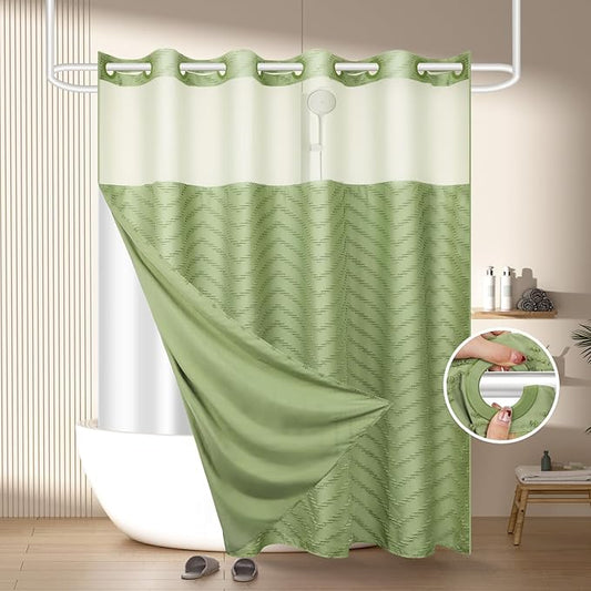 No Hook Shower Curtain and Snap in Liner Set Sage Green Tufted Chevron Striped Cloth Waterproof Washable Fabric Boho Bath Curtain with See Through Mesh Top Window for Bathroom Hotel 71" x 74"