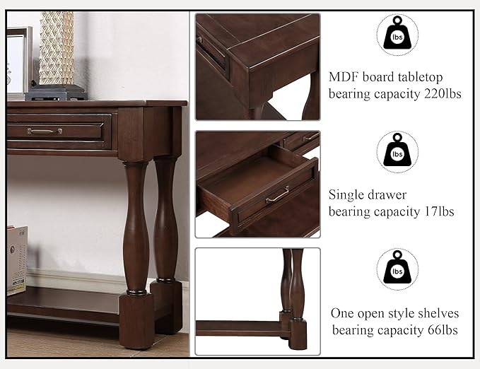 63inch Solid Wood Console Table with 3 Drawers and 1 Bottom Shelf Extra-Thick Sofa Table(Light Espresso)