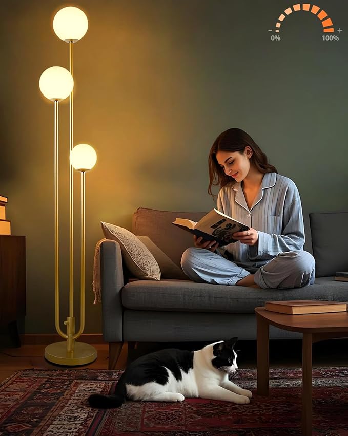 Lightdot 63IN Gold Floor Lamp Dimmable 3-Lights Globe LED Floor Lamps with 3000K Soft Warm White for Wedding/Party Candle Holder Style Tall Lamp for Living Room/Bedroom