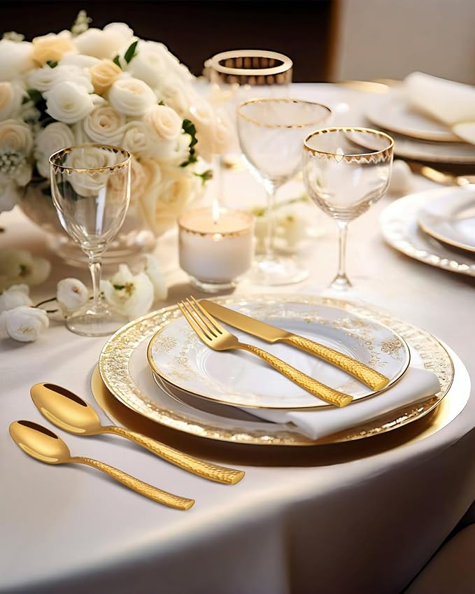 Silverware Set,Ollex 60-Pieces Hammered Gold Flatware Cutlery Set for 12 Mirror Finished with Anti-rust stainless steel Spoon Knives Forks for Kitchen Hotel Party Modern Utensil Sets,Dishwasher Safe