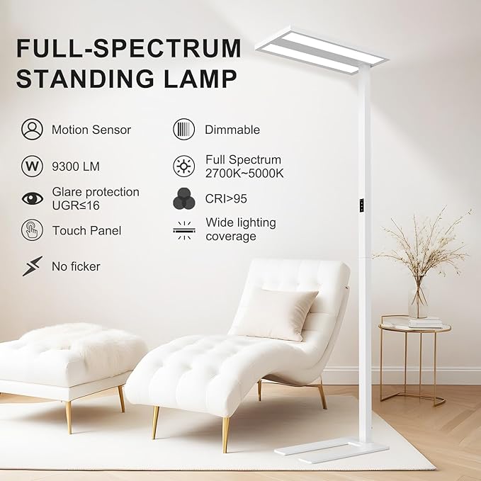 STERREN 76'' Motion Sensor Floor Lamp, 100W Modern LED Floor Lamp, Smart Full-Spectrum Office Standing Lamp, 9300LM Bright Reading Lamp for Study Room,Living Room,Bedroom, 2700K-5000K