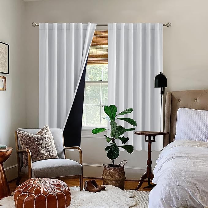 BGment Greyish White 100% Blackout Curtains 63 Inches Long with Noise-reducing Liner, Rod Pocket and Back Tab Double Layer Room Darkening Window Curtains for Bedroom, 2 Panels, Each 52 x 63 Inch