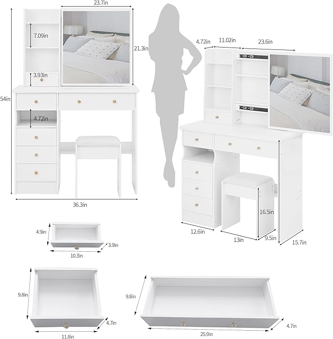 37" Vanity Desk with Mirror, Makeup Table with Sliding Mirror, Dressing Table with Multi Layer High Capacity Storage, Vanity Set with 6 Drawers and Stool for Bedroom, White