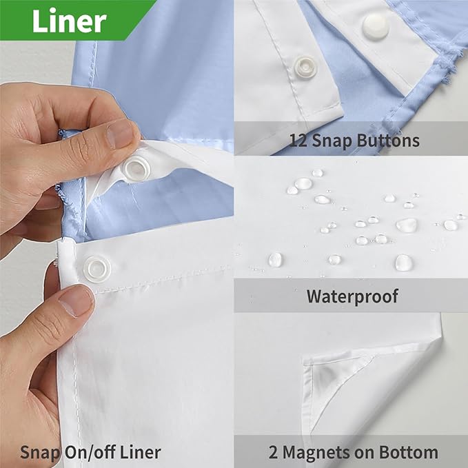 stall no Hook Tufted Shower Curtain with snap in Liner Set, White Waterproof Fabric Inner Liner,Boho Style Shower Curtain with See Through top Window, FrostBlue, 54Wx80H