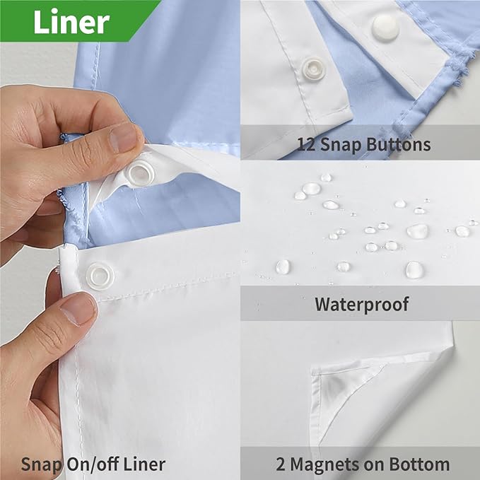 no Hook Shower Curtain and Liner Set，Boho Style with See Through Top Window, Blue Fabric Tufted Striped Textured Outer Curtain & Waterproof Inner Liner, FrostBlue, 71Wx74H